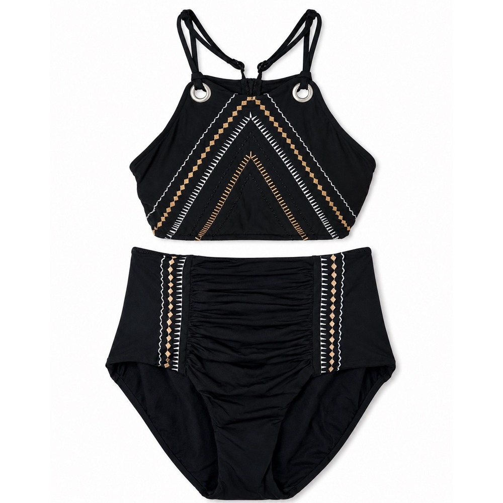 Seafolly Cabana‎ Coast Bikini Set Women Size 8 Black Embroidered High Waist Boho